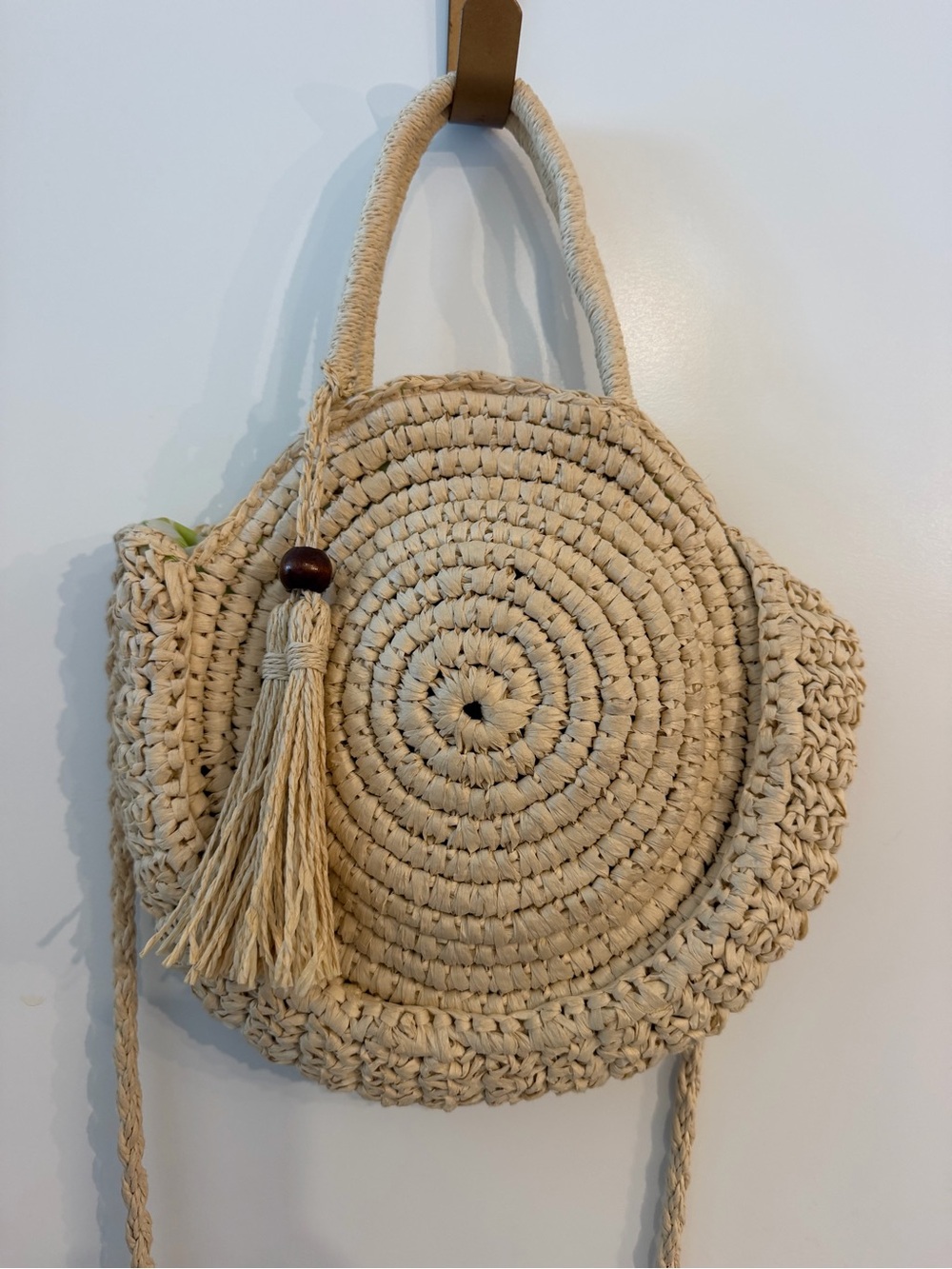 SOLID & STRIPED Cream Woven Round Crossbody Bag with Tassel